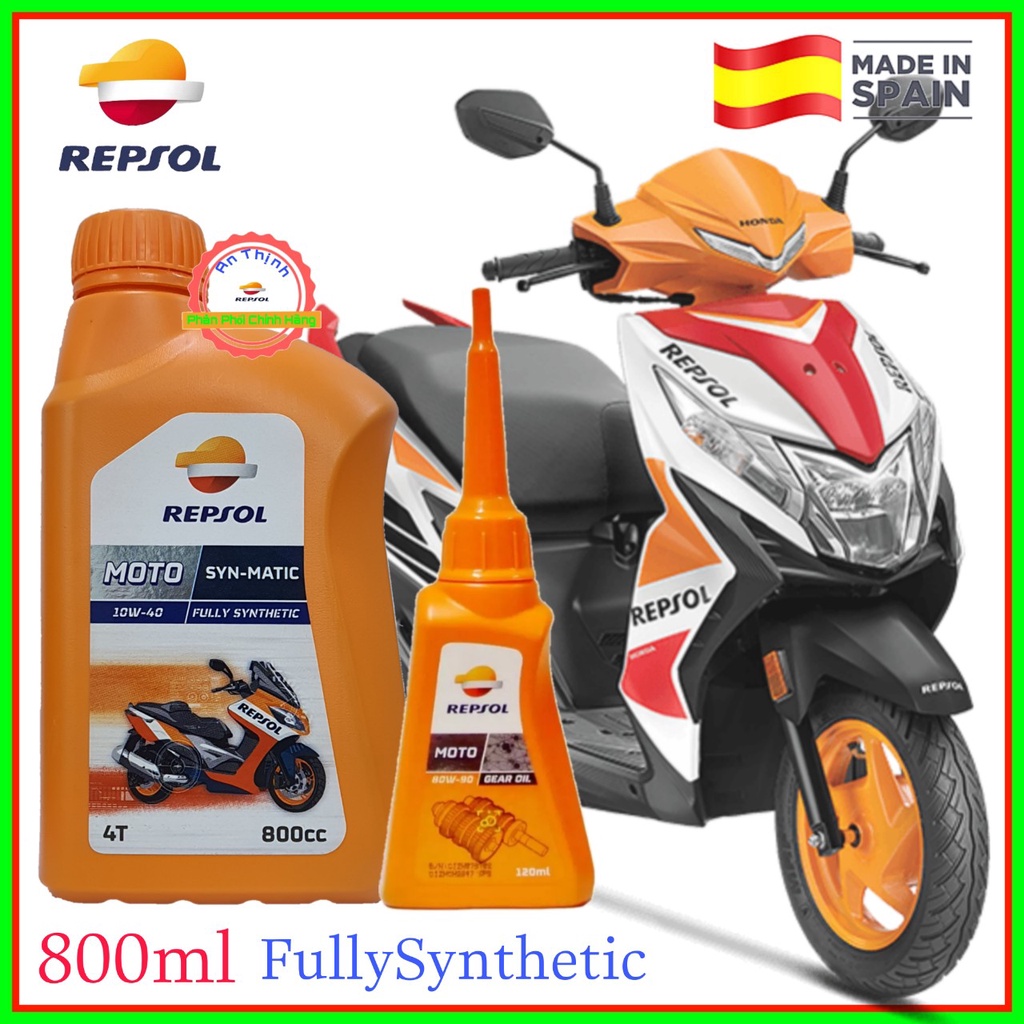 Combo Nhớt Xe Tay Ga Tổng Hợp Toàn Phần-FullSynthetic-10W40 - 10W30-1L Và 800ML Và Nhớt Láp Hộp Số Repsol 120ML