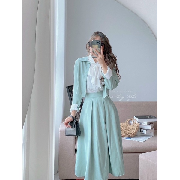 Đầm công sở❤️Set vest và chân váy xoè kèm áo voan cột nơ