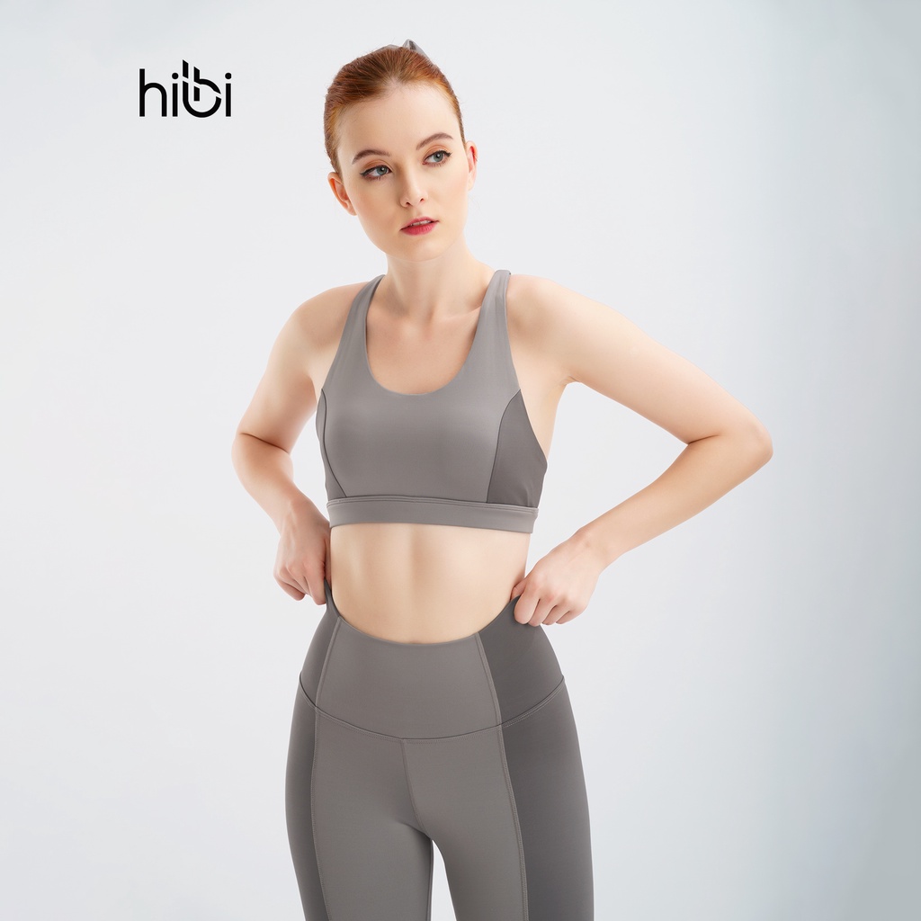 Set Đồ Tập Yoga Gym Luxury Hibi Sports H149 phối hai màu, màu xám, Kèm Mút Ngực, Chất Vải Cao Cấp Lu Fabric