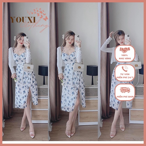 Váy hoa xẻ tà mix áo khoác cardigan mỏng, đầm hai dây cúp ngực hoa nhí dáng dài - Youxiclothing