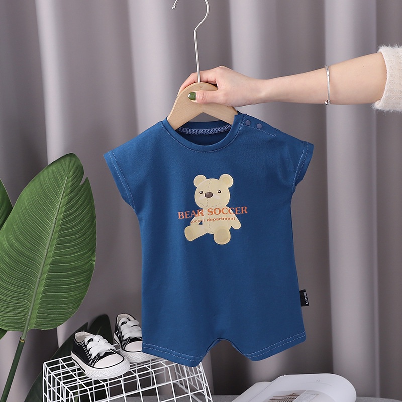 Bộ Áo Liền Quần Bằng Cotton Tay Ngắn In Họa Tiết Gấu Hoạt Hình Dễ Thương Thời Trang Mùa Hè Cho Bé Sơ Sinh 0-2 Tuổi