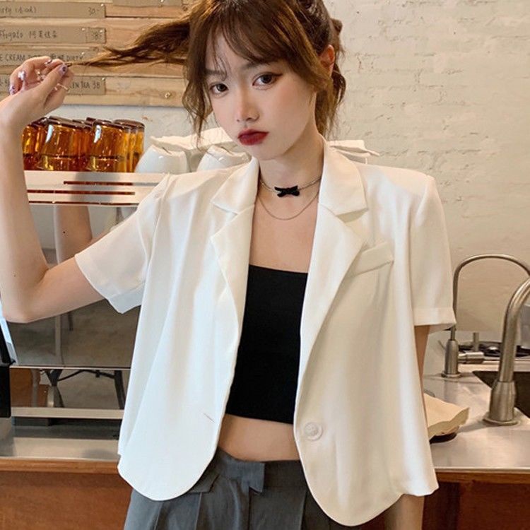 Áo Khoác Vest Tay Ngắn Lưng Cao Phối Một Hàng Nút Thời Trang Mùa Hè Hàn Quốc Cho Nữ