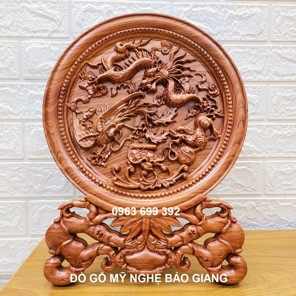 Đĩa trang trí phong thủy khắc tứ linh gỗ hương