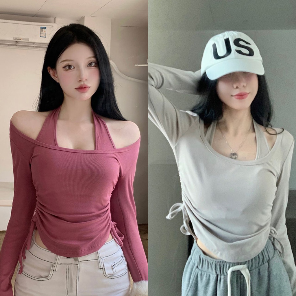 Set Áo Hai Dây + Áo Thun Tay Dài Màu Sắc Đơn Giản Phong Cách Retro Dành Cho Nữ