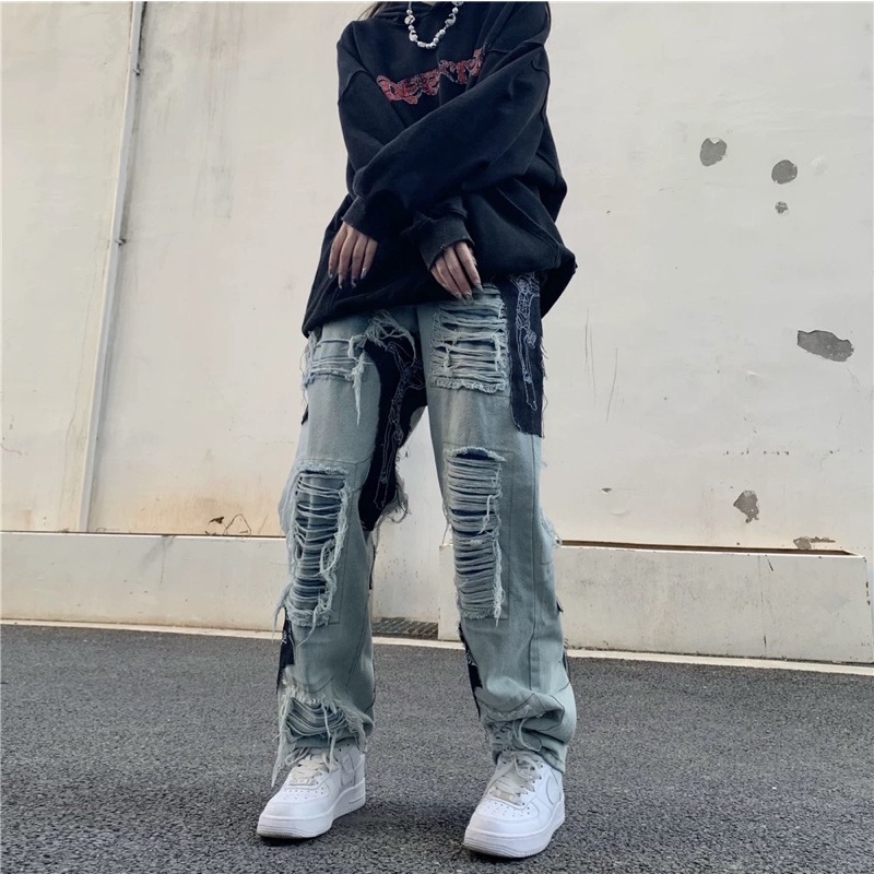 QUẦN BÒ NAM RÁCH TỪ TRÊN XUỐNG DƯỚI PHONG CÁCH ĐƯỜNG PHỐ ÂU MỸ SIU TRUẤT [ORDER TAOBAO]