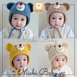 Mũ len tai Gấu hai bên có dây buộc đáng yêu cho bé trai bé gái Michi Baby SP207