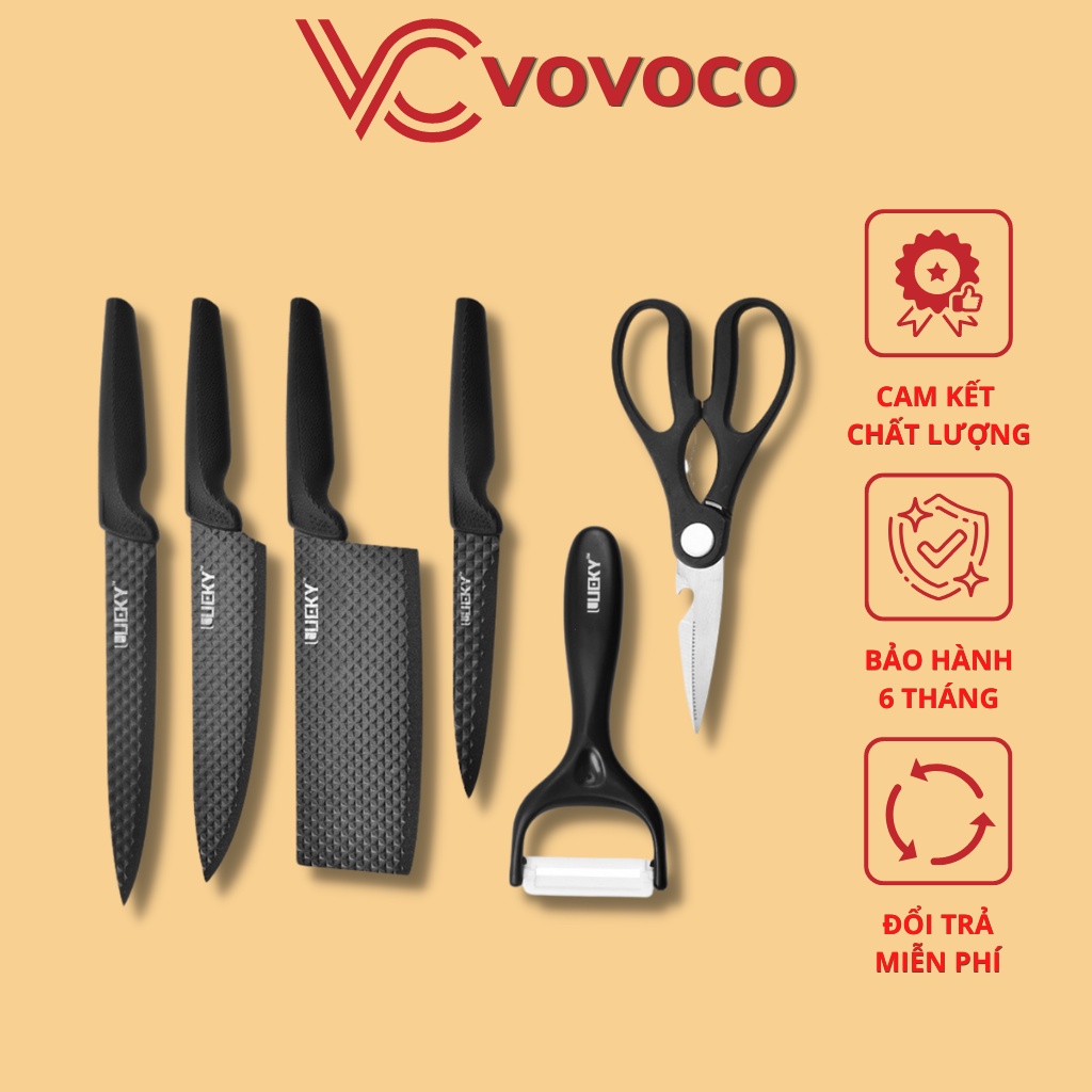 Bộ dao làm bếp 6 món Lucky thiết kế vân kim cương chống dính không gỉ sắc bén vô cùng tiện lợi vovoco
