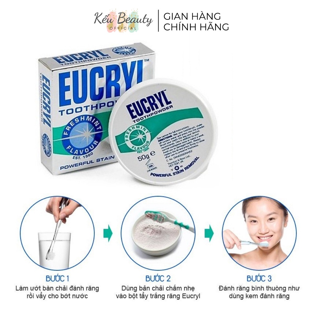 Combo Bột Tẩy Trắng Răng EUCRYL 50g + Kem Đánh Răng Làm Trắng Răng Hương Bạc Hà EUCRYL Tooth Paste Freshmint 62g