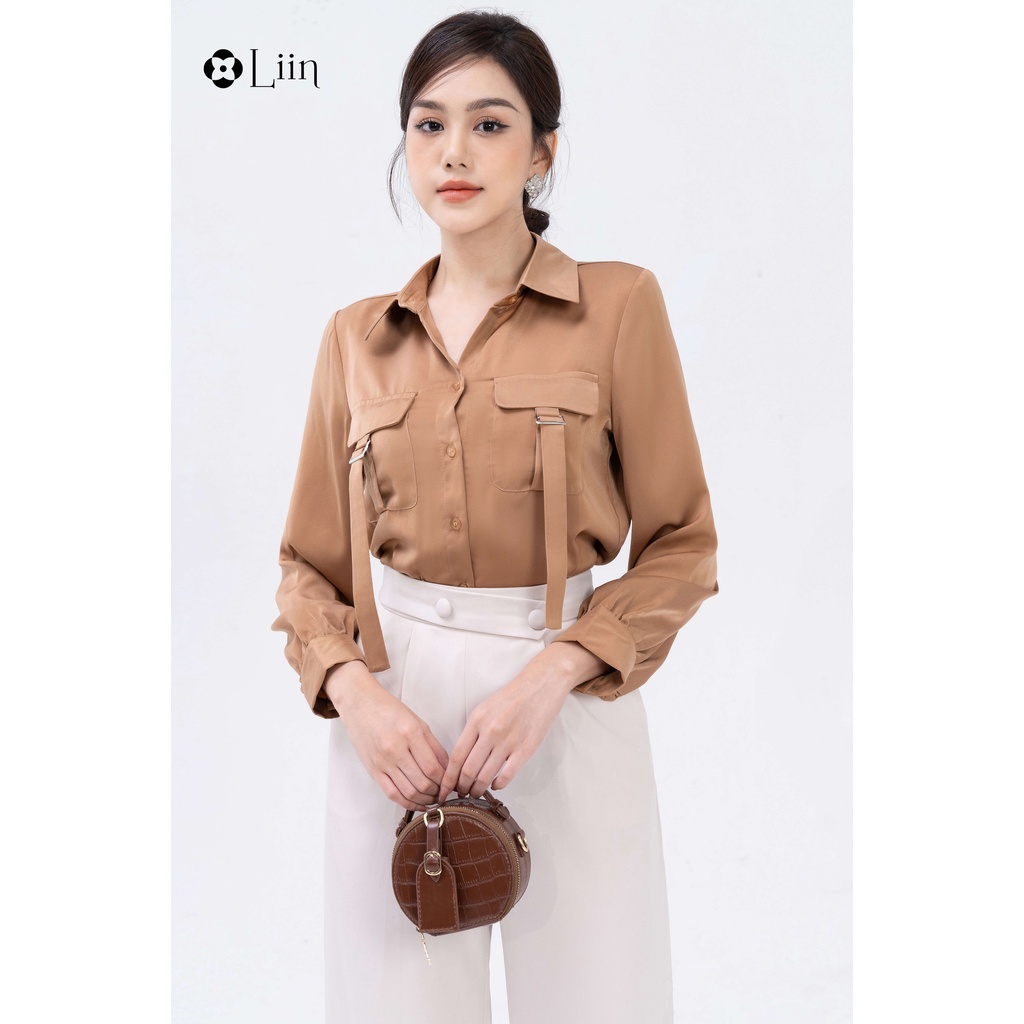 Áo sơ mi linbi cao cấp màu nâu mix túi hộp dây mặc tôn da thanh lịch liin clothing SM4506