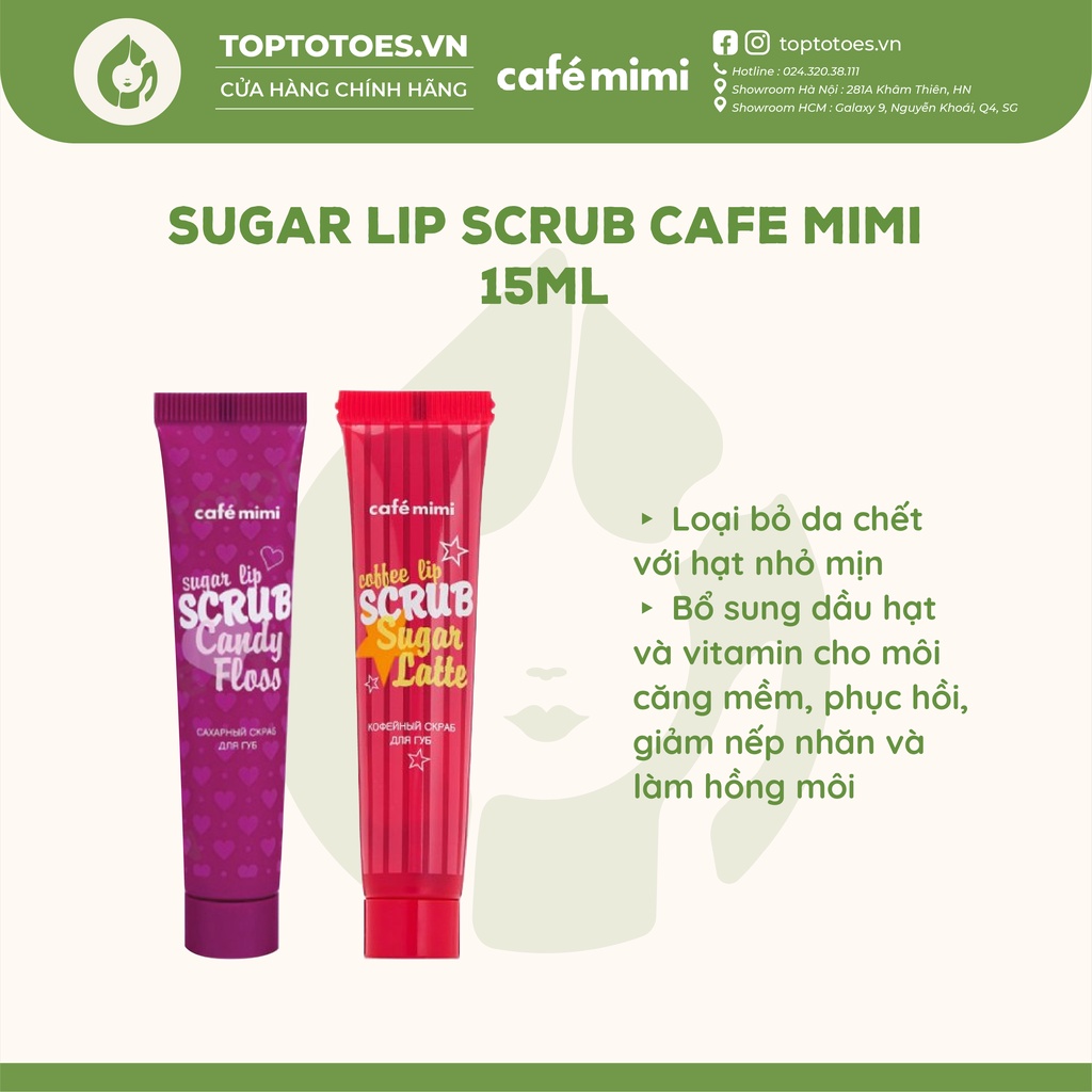 Tẩy da chết môi Sugar Lip Scrub Cafe Mimi 15ml cho môi mịn mềm, hồng hào, ngừa thâm