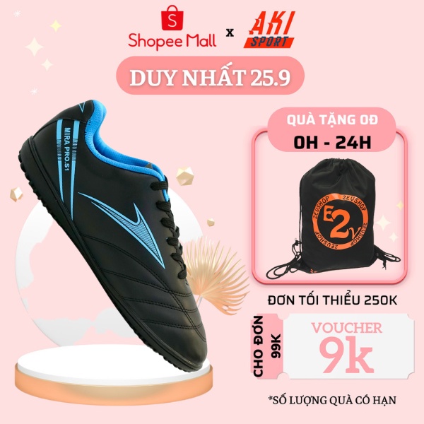 Giày đá bóng nam cỏ nhân tạo Mira Pro S1 Đen thể thao chính hãng giá rẻ, giày đá banh nam thời trang mềm đẹp - PS005