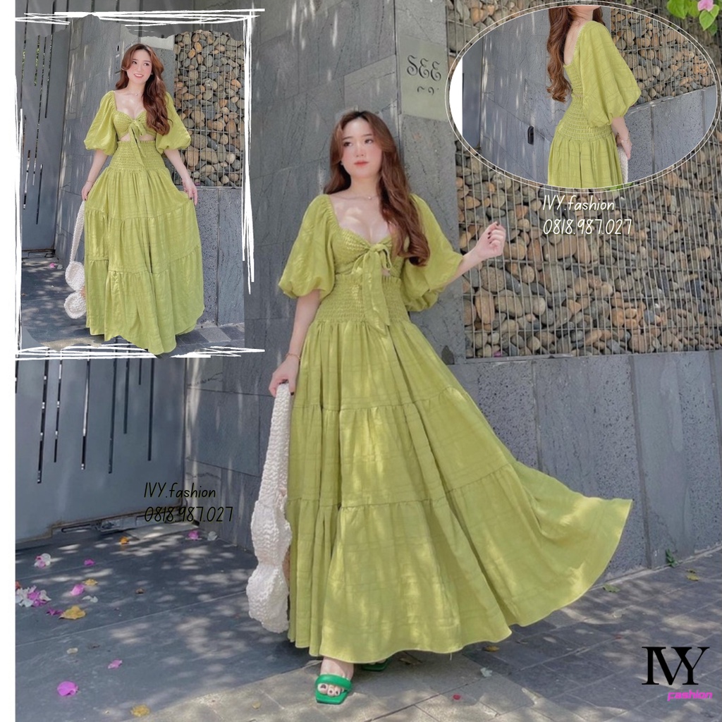 Sét đầm váy maxi 🔥đũi lót lụa🔥 tay phồng xanh bơ nhiều kiểu Ivy.fashion đi biển dự tiệc dạo phố bigsize gợi cảm sexy