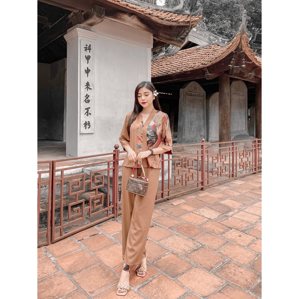 Đồ Lam Đi Chùa Khánh An, Đồ Đi Chùa Nữ,Pháp Phục Tay Lỡ Lụa Vân Gỗ Cao Cấp
