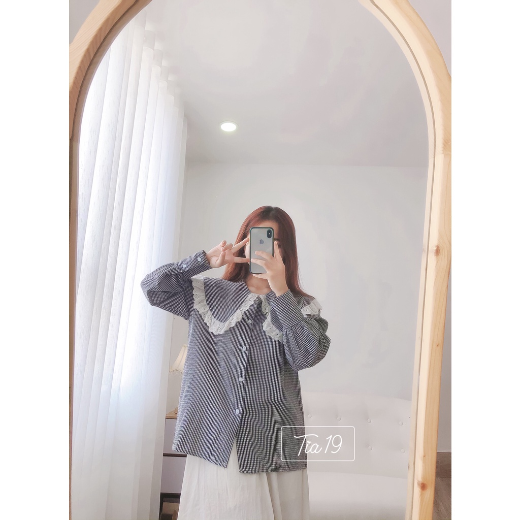 Áo somi cổ bèo vintage Tia19. Áo somi vintage kẻ