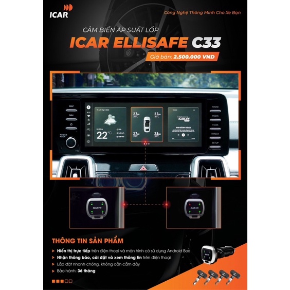 CẢM BIẾN ÁP SUẤT LỐP ICAR Ellisafe C33, Màn Hình Cắm Tẩu Sạc Cho Mọi Dòng Xe