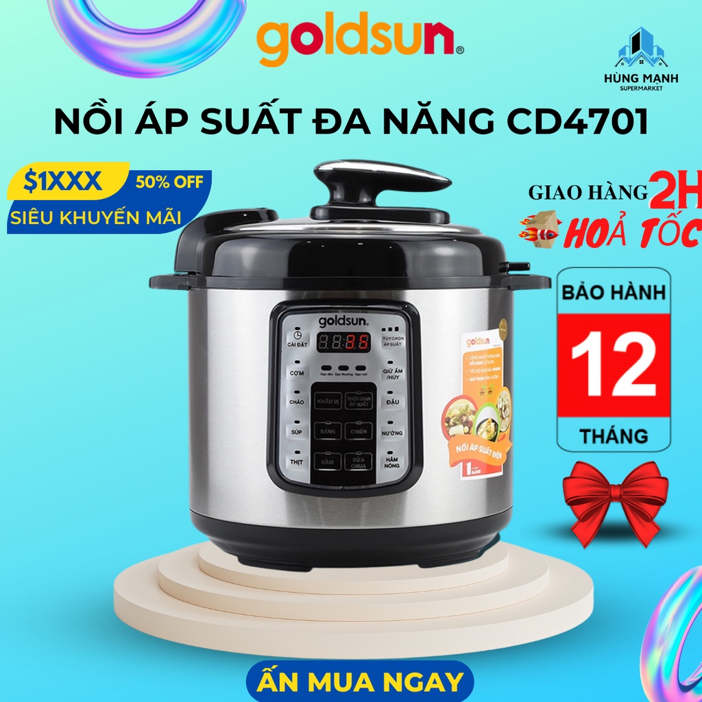 Nồi áp suất đa năng Goldsun 6L, Nồi hầm điện CD4701 - Nồi áp suất nấu cơm, hầm xương, hầm cháo Bảo hành 12 tháng