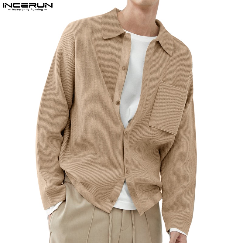 Áo sơ mi INCERUN dài tay màu trơn họa tiết kẻ sọc phối hàng nút thời trang cho nam