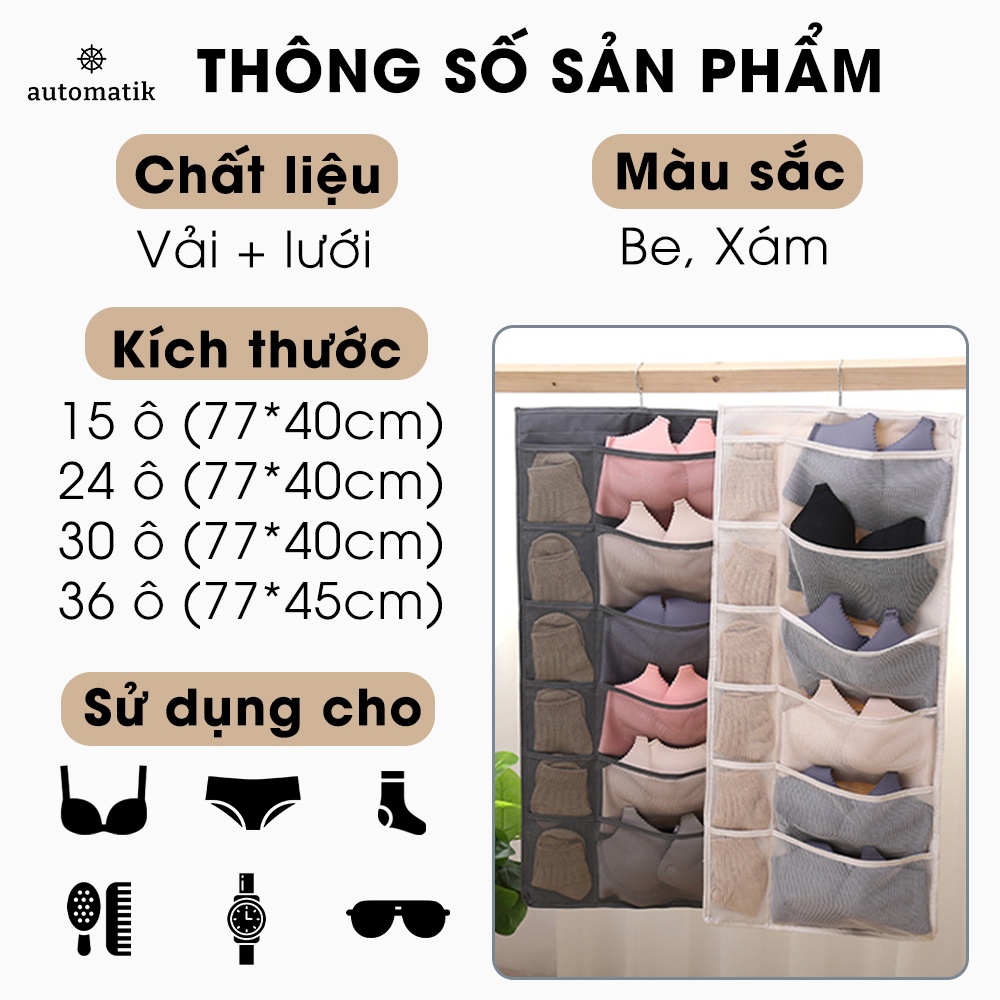 Túi Treo Đồ Lót Tất Vớ 2 Mặt Nhiều Ngăn Treo Tường, Treo Tủ - Automatik