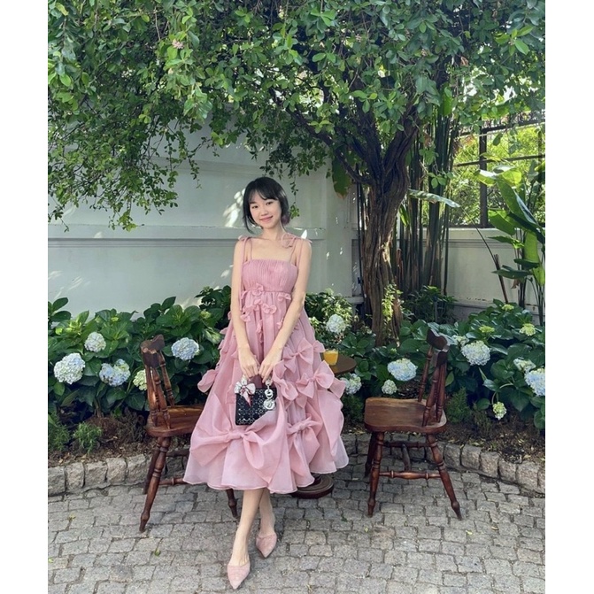 Đầm voan suông 2 dây đính nơ Hồng Tím Xanh Đầm váy đi chơi dạo phố du lịch hotgirl tk dễ thương cute sinh nhật party