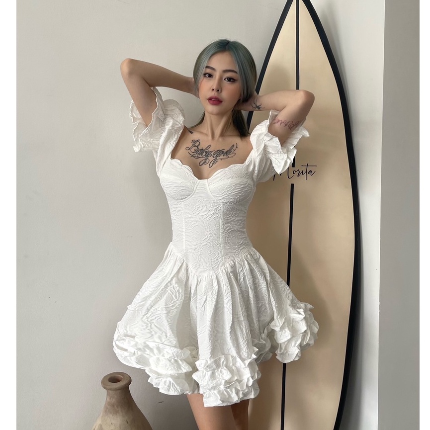 Đầm Xoè Cổ Vuông Màu Trắng Dáng Xoè Hot Girl LucieBrandvn Thích Hợp Cho Nữ