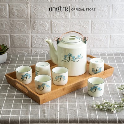 Bộ ấm trà bằng gốm sứ kèm khay tre cao cấp ONGTRE
