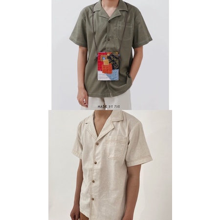 75s - Áo sơmi linen cổ Pyjama phối chỉ nổi