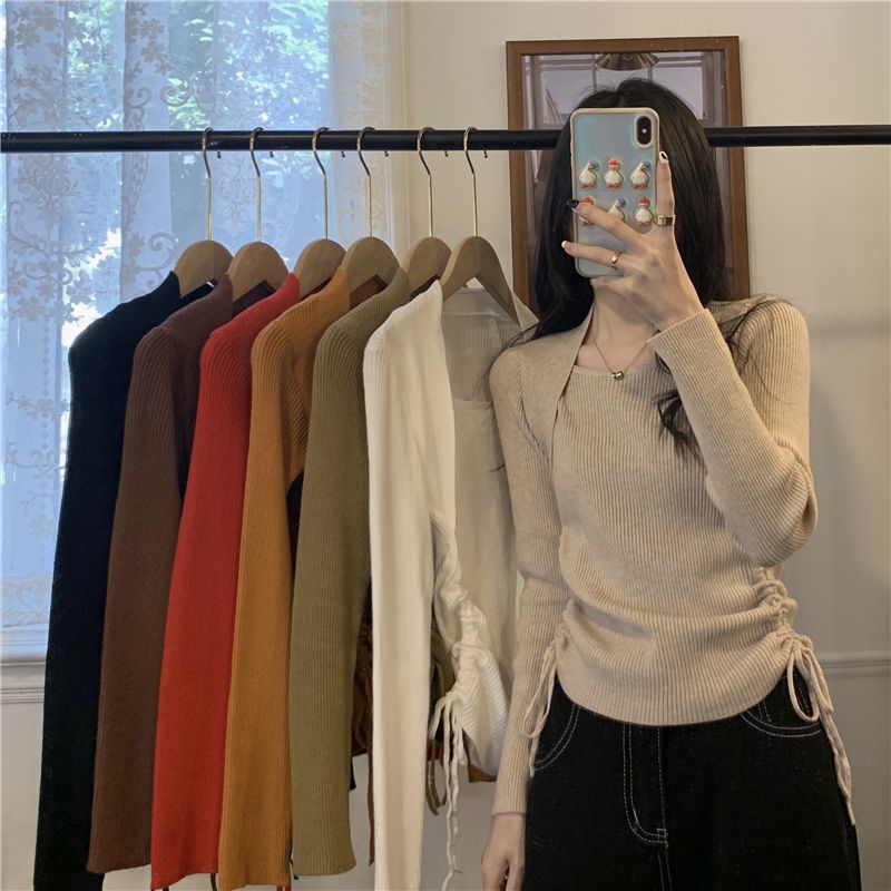 ☪Áo Dệt Kim Phối Nhung Kiểu Đức Cá Tính☪Áo Sweater Cổ Vuông Thiết Kế Dây Rút Thời Trang Thu Đông Phong Cách Mới Cho Nữ