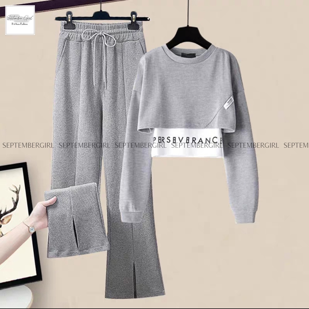Đồ bộ nữ SEPTEMBER GIRL áo croptop hết hợp áo 2 dây và quần ống loe - QA NU 014V1