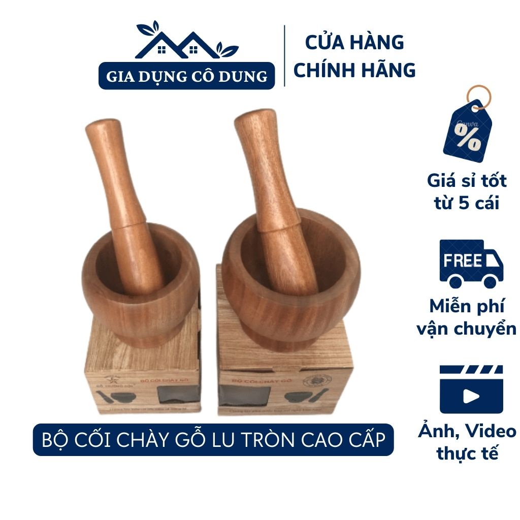 Bộ Cối Chày Gỗ Xà Cừ Cao Cấp Kiểu Dáng Lu Tròn_Đồ Dùng Bếp Thương Hiệu Trường Sơn