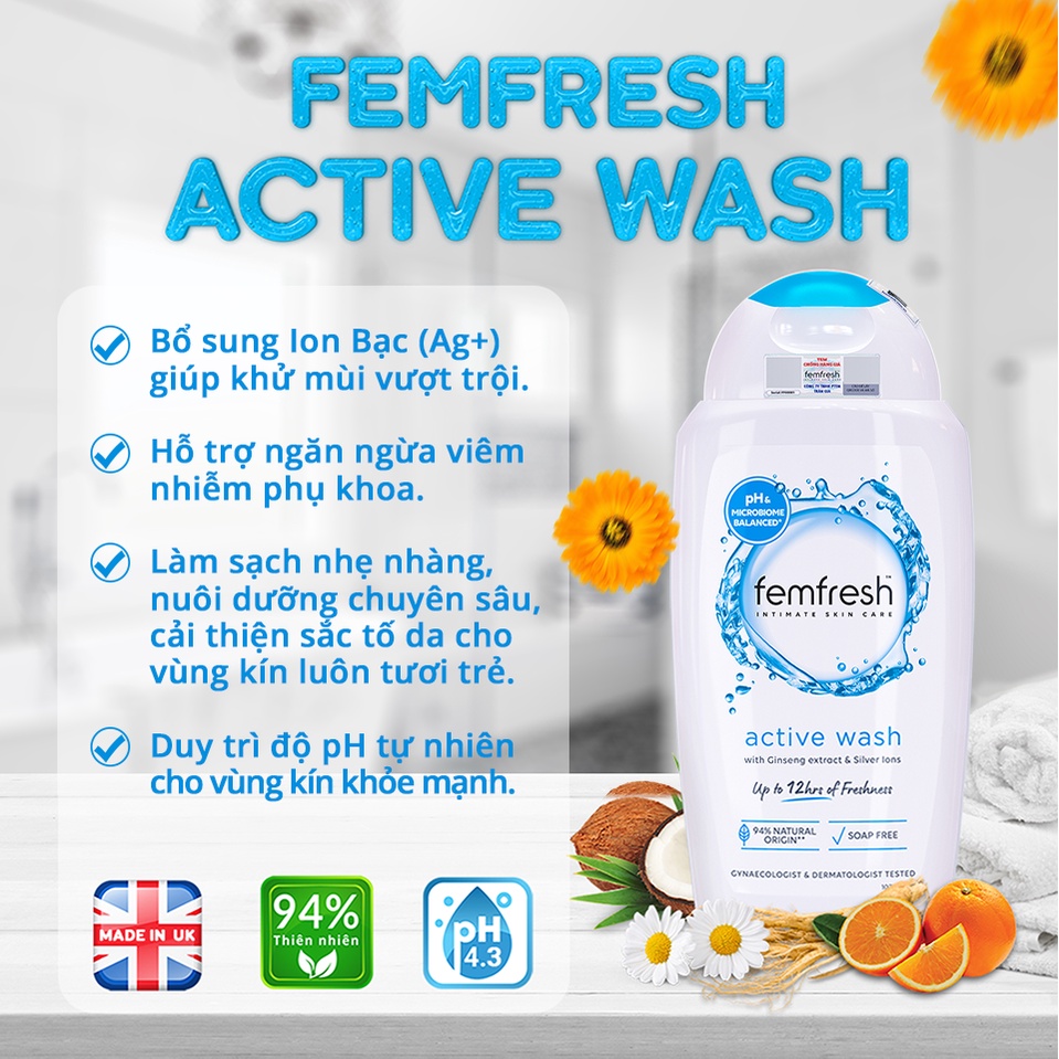 [COMBO MÙA HÈ] Dung Dịch Vệ Sinh Phụ Nữ Femfresh Active 250ml & Xịt Thơm Mát Vùng Kín Femfresh Active Deodorant 125ml