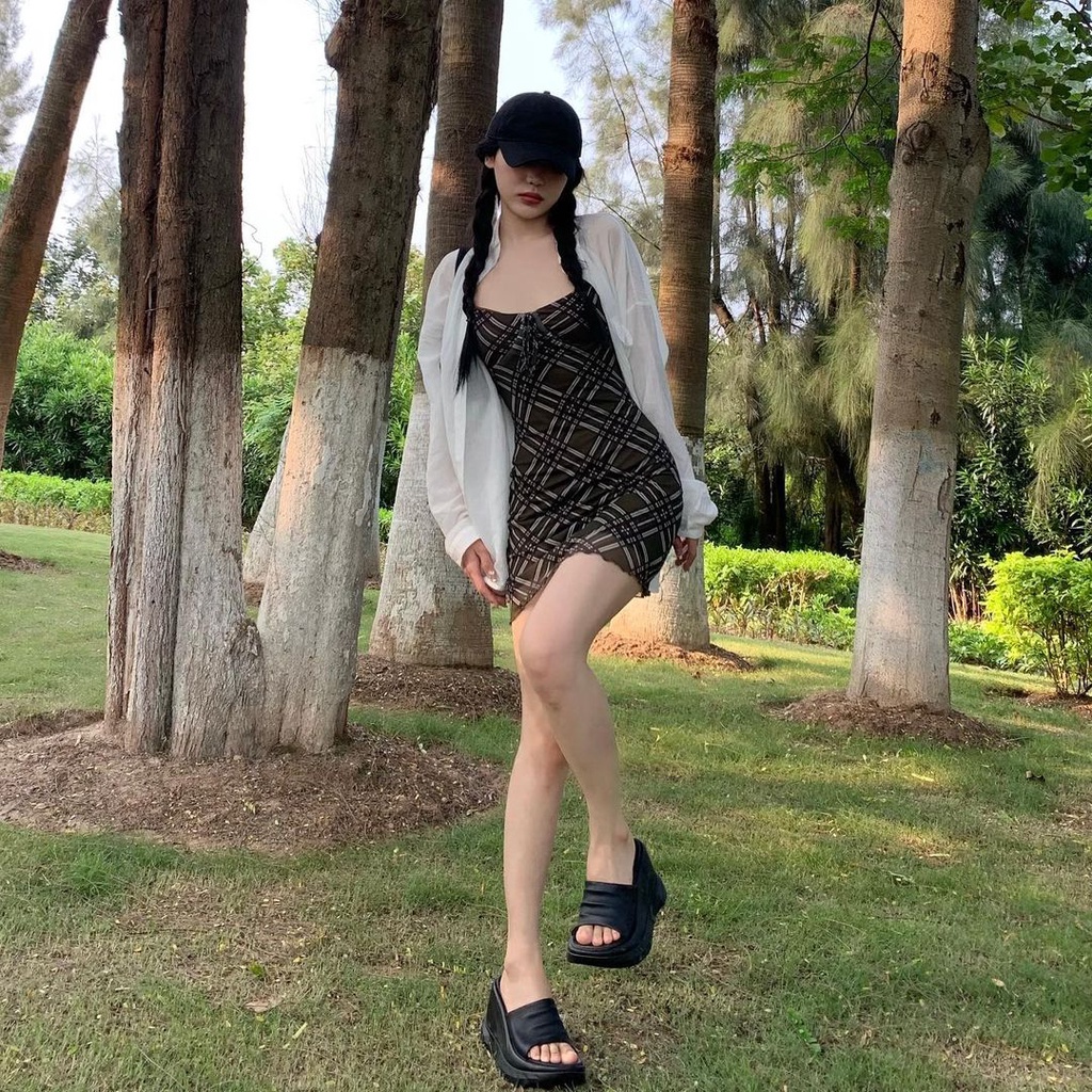 Đầm Hai Dây Caro, Đầm Body 2 Dây Màu Rêu Họa Tiết Phong Cách Ulzzang Hot Trend