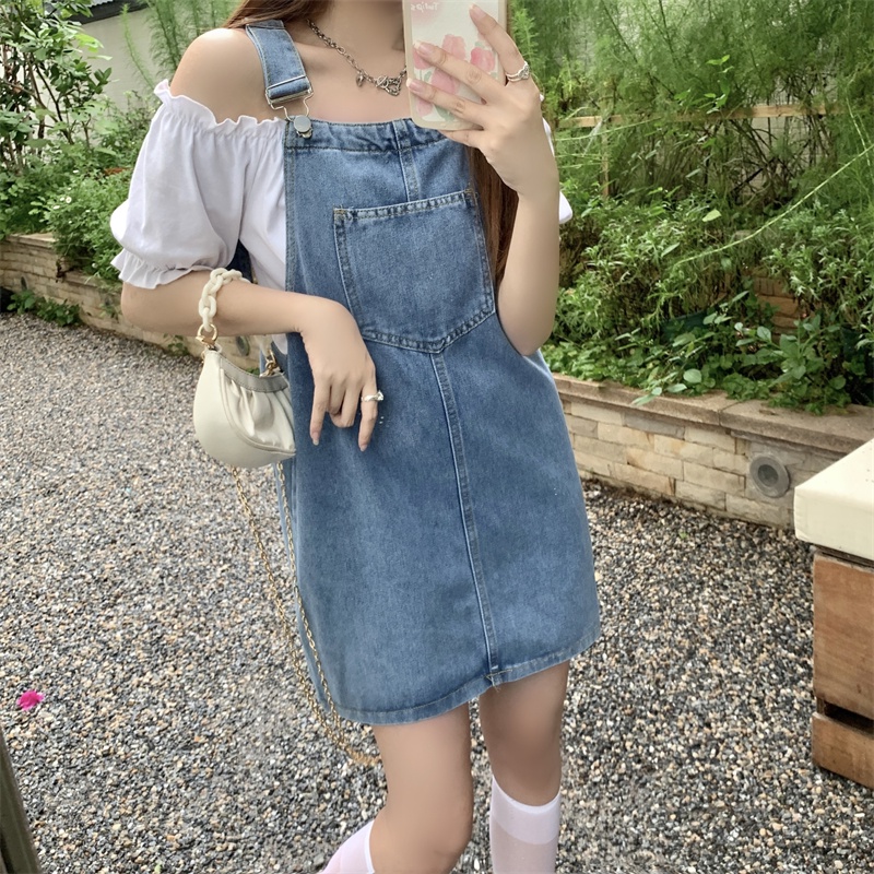 Đầm Yếm denim Dáng Rộng Lưng Cao Phong Cách Hàn Quốc Thời Trang Cho Nữ