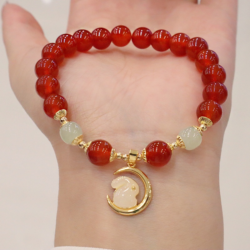 [Hàng Mới Về] Vòng Tay Hạt Tròn Đính Mặt Hình Thỏ Phong Cách Trung Hoa Cổ Điển Thời Trang Mùa Thu Mới