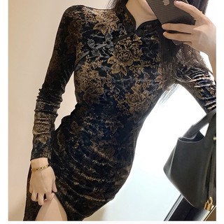 Sườn Xám Cách Tân Vải Nhung Dáng Dài Phong Cách Retro Thời Trang Thu Đông Hàng Mới