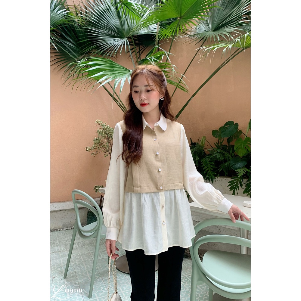 Áo bầu MARA SHIRT tay đũi phối vải bố xước, kiểu dáng lịch sự, phù hợp môi trường công sở thiết kế bởi LAMME