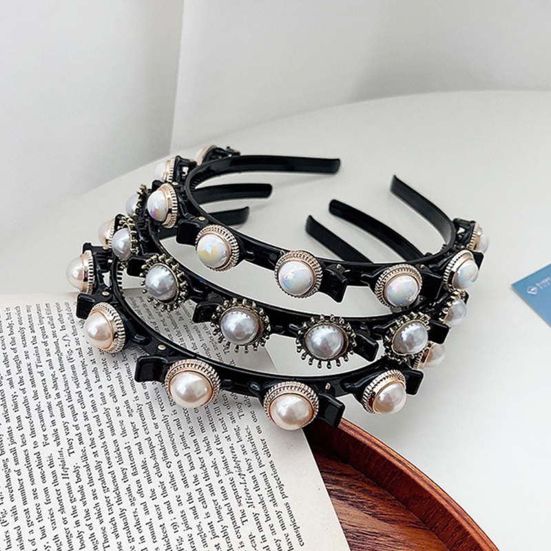 Flgo Bangs Băng Đô Xoắn Đính Đá Ngọc Trai Hai Lớp