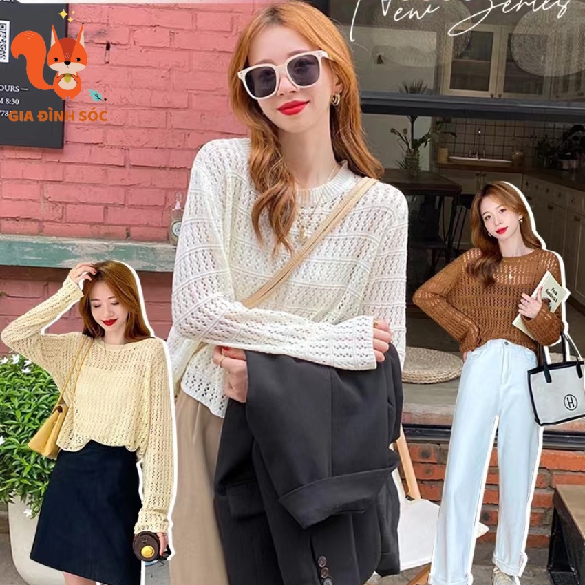 Áo Sweater dệt kim mỏng tay dài, dáng rộng phong cách Hàn Quốc