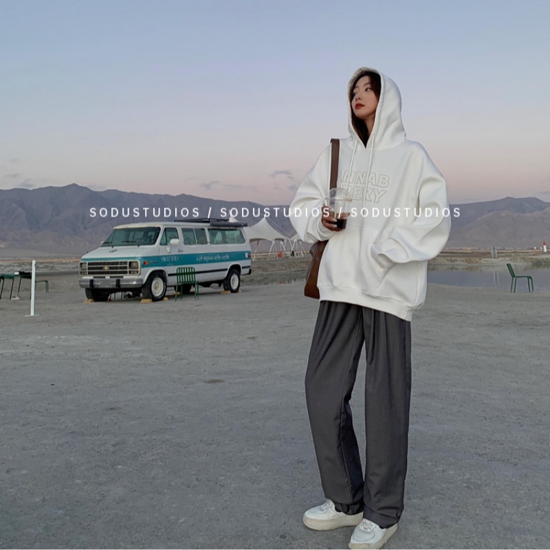 Áo Hoodie Nữ Dáng Rộng Thêu Chữ Phong Cách Hàn Quốc