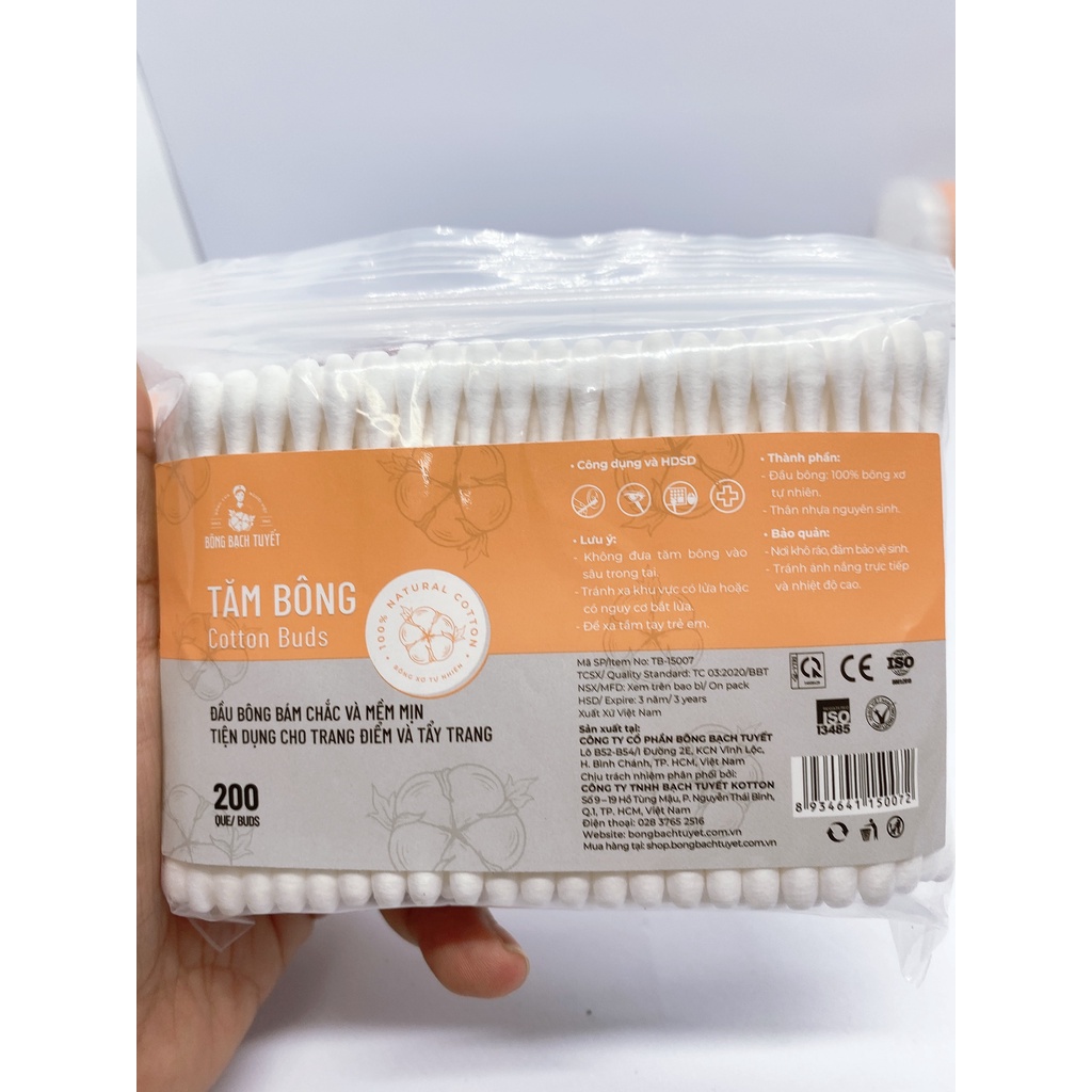 Tăm Bông Người Lớn Meriday 200 que/ Gói Zíp - Bông Bạch Tuyết