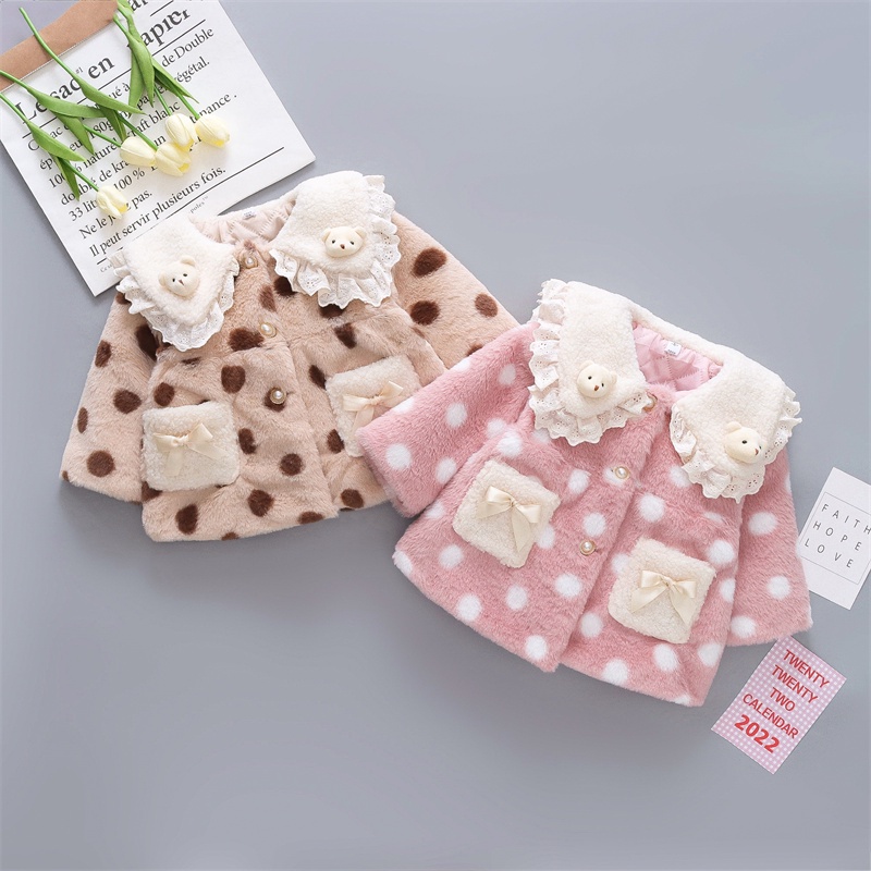 Áo Khoác Nhung Lông Cừu Phối Ren Họa Tiết Chấm Bi + Áo Khoác Đính Nơ Xinh Xắn Cho Bé Gái 0-3 Tuổi
