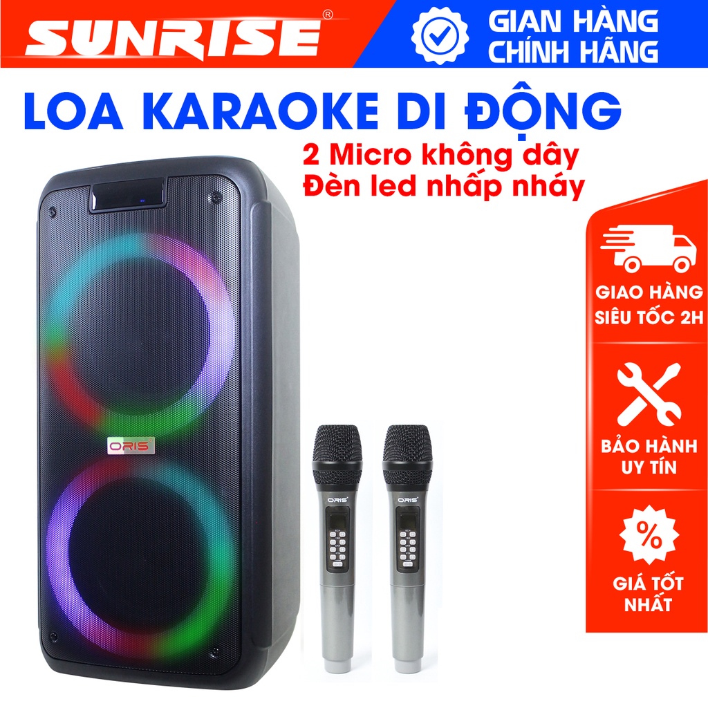 Loa karaoke blutooth công suất lớn ORIS TO-7200 bass 20cm x 2, loa kẹo kéo tặng kèm 02 mic sóng UHF hát rất nhẹ và hay