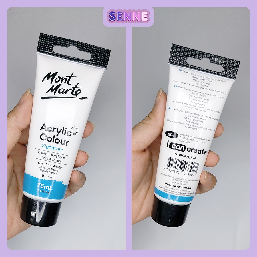 Màu acrylic trắng tuýp lẻ Mont Marte 75ml vẽ tranh, vải, tường, giày