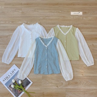 Áo kiểu nữ - tay voan cúc trái tim nhiennhienvintage BA183