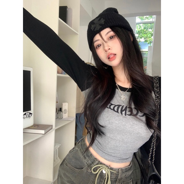 COZOK Áo Thun Lửng Tay Dài Dáng Ôm Thêu Chữ Màu Sắc Tương Phản Dễ Thương