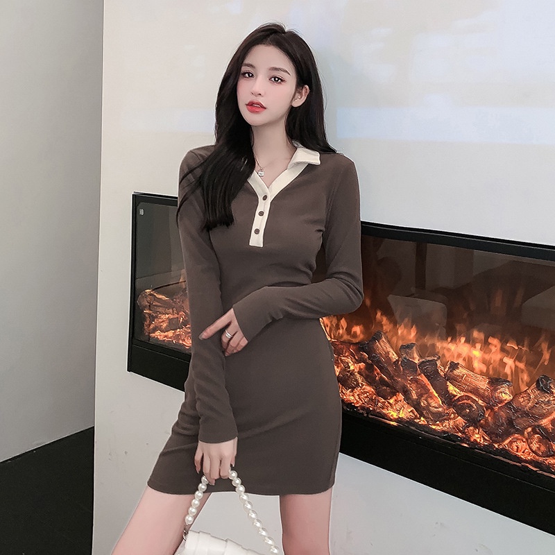 Đầm Dệt Kim Dài Tay Cổ polo Form Ôm Thời Trang Thanh Lịch Dành Cho Nữ