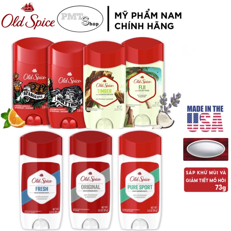 Lăn sáp khử mùi nam Old Spice Sáp Trắng Bearglove , Timber , Fiji Wolfthorn Pure Sport Fresh Original 85g 73g - Mỹ