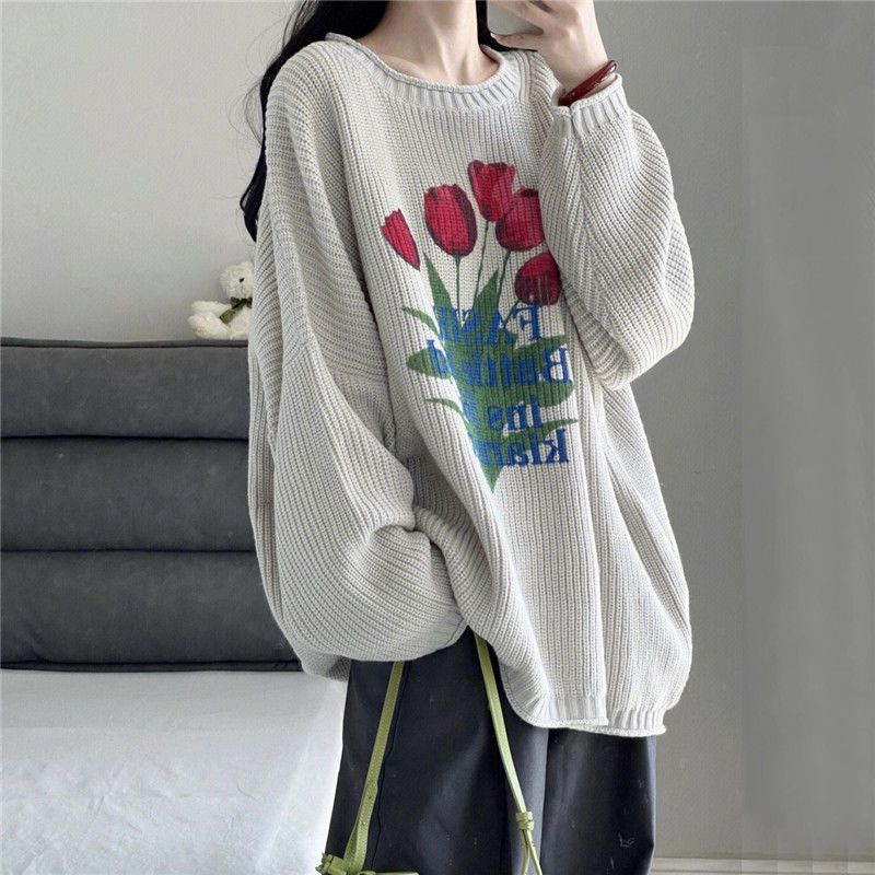 Áo Sweater Dệt Kim Dáng Rộng In Hình Hoa Tulip Phong Cách Hàn Quốc Cho Nữ