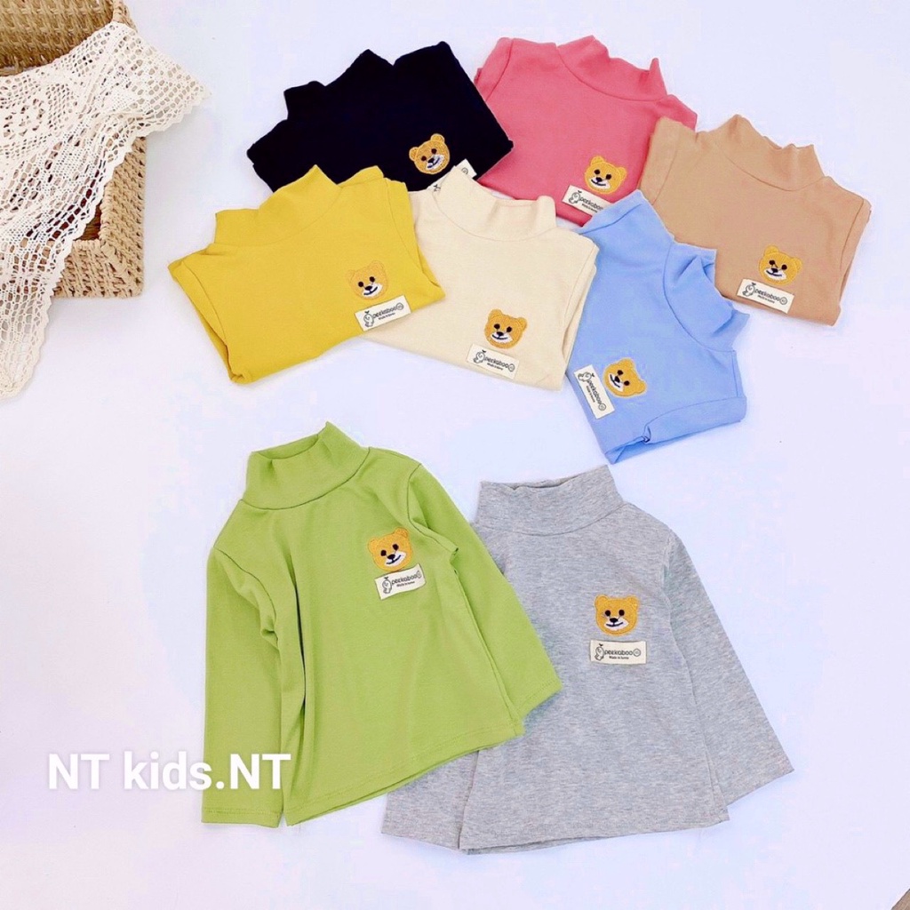 Áo giữ nhiệt cho bé cổ cao 3 phân chất cotton len co giãn 4 chiều mềm mại áo dài tay trẻ em thêu hình gấu dễ thương