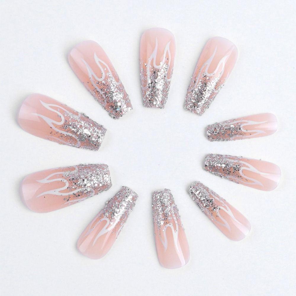 Bộ 24 Móng Tay Giả Chất Lượng Cao|Móng Tay Giả Hình Ngọn Lửa Lấp Lánh