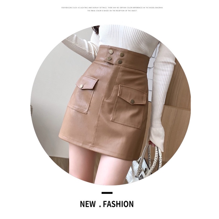 Chân váy da PU lưng cao phối cúc, chân váy lưng cao túi hộp cá tính Okélla